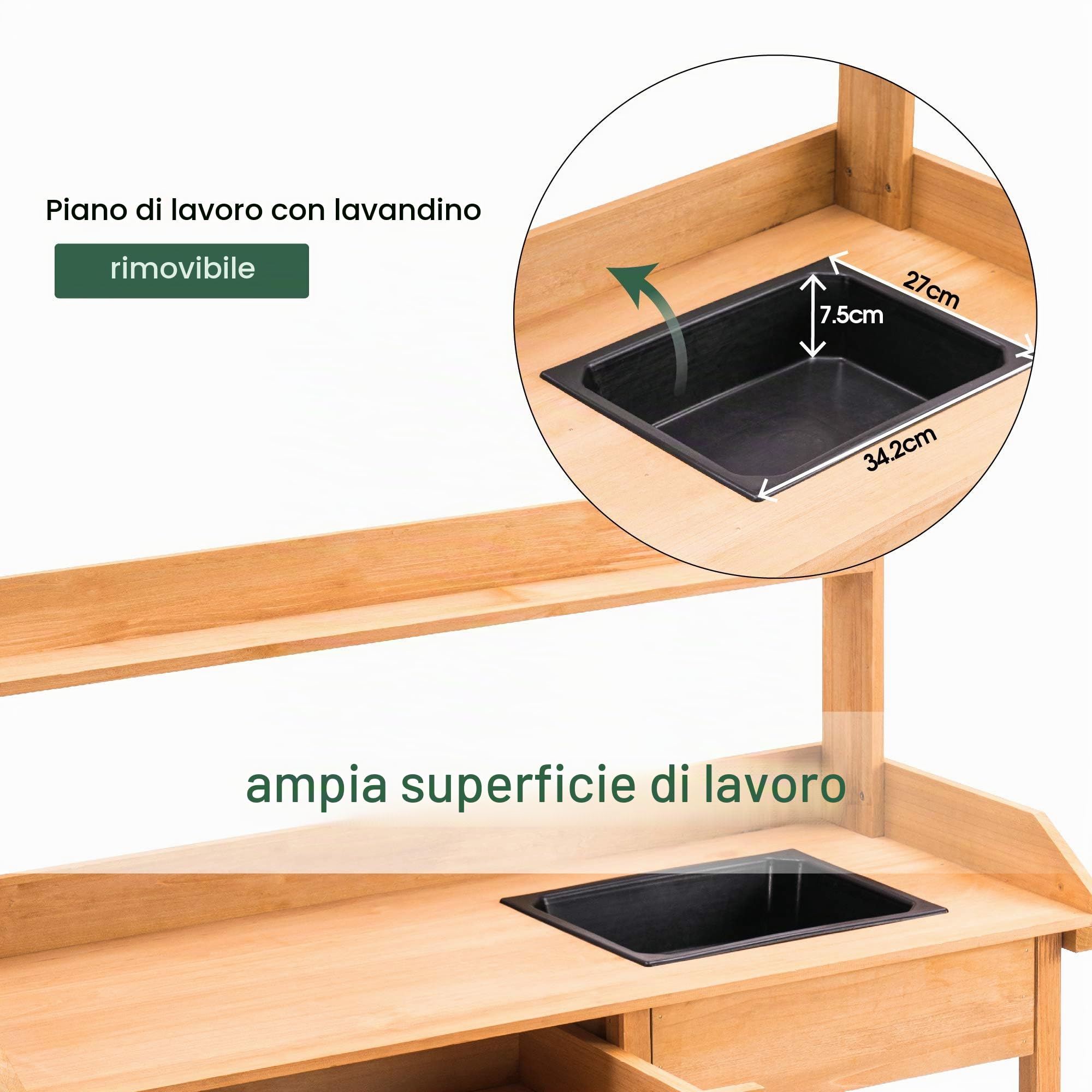 MCombo 0458 - Tavolo da giardino con lavabo e ripiano in legno, resistente alle intemperie, 115 x 45 x 121 cm, (Naturale, 115 cm (L) x 45 cm (B) x 121 cm (H))