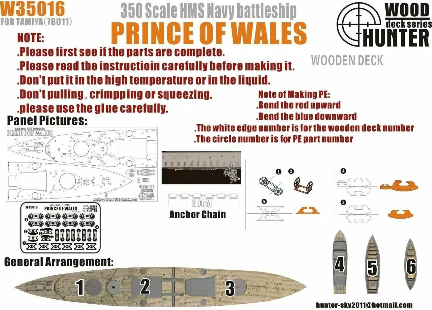 W35016 1/350 Wood Deck HMS Prince of Wales for Tamiya 78011
