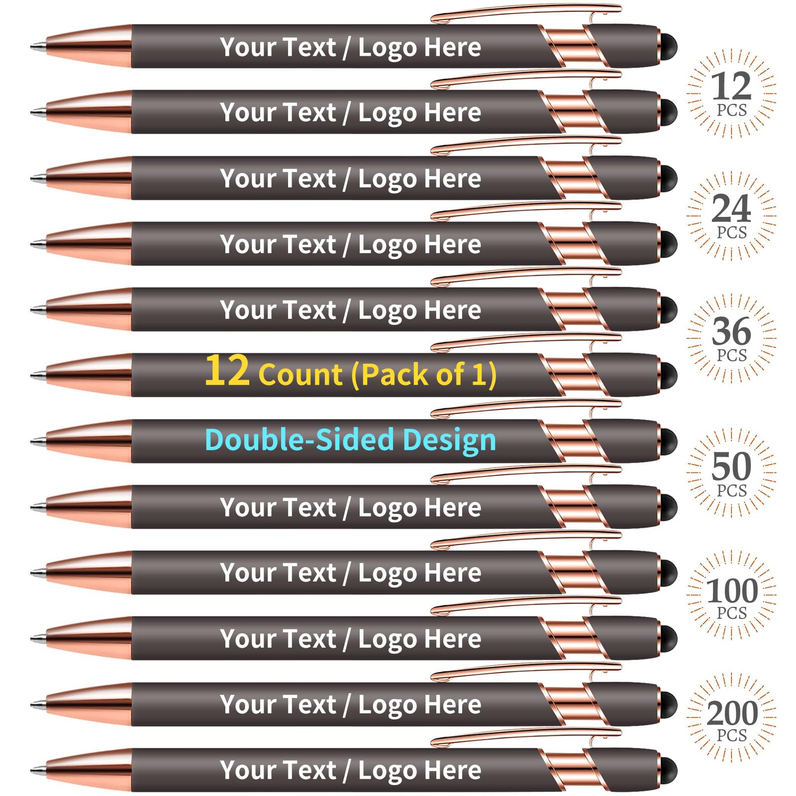 AeroBliss 12Pcs Custom Pens Personalized Pens Bulk, Metal Ballpoint Pen with Stylus Tip, Black Ink, Customized Gift for Men Women Business Graduation,