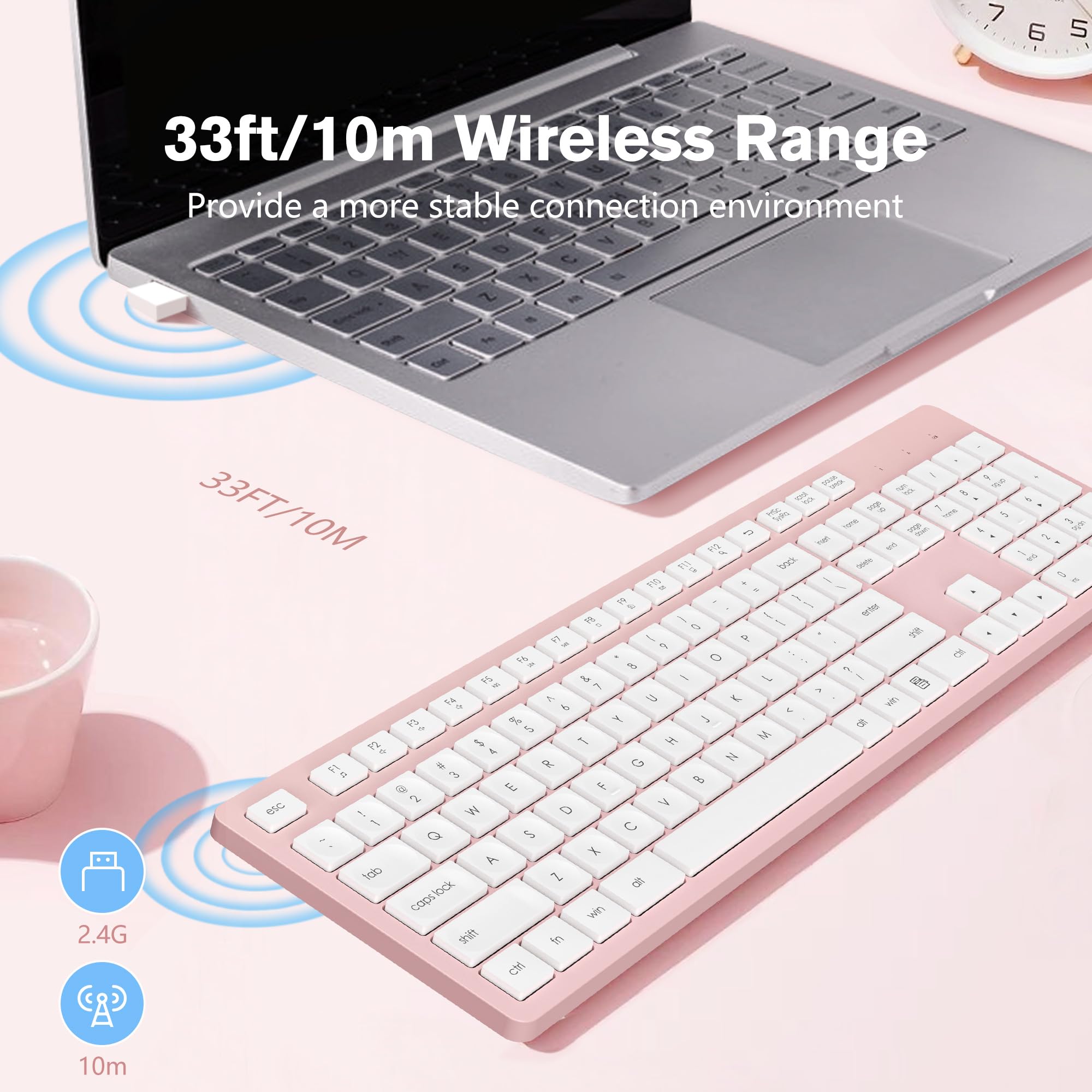 LeadsaiL Pink Wireless Keyboard, 2.4GHz Full-Sized Ergonomic Computer Keyboard, Cordless Noiseless Keyboard,12 FN Shortcuts for Windows MacOS Laptop Computer