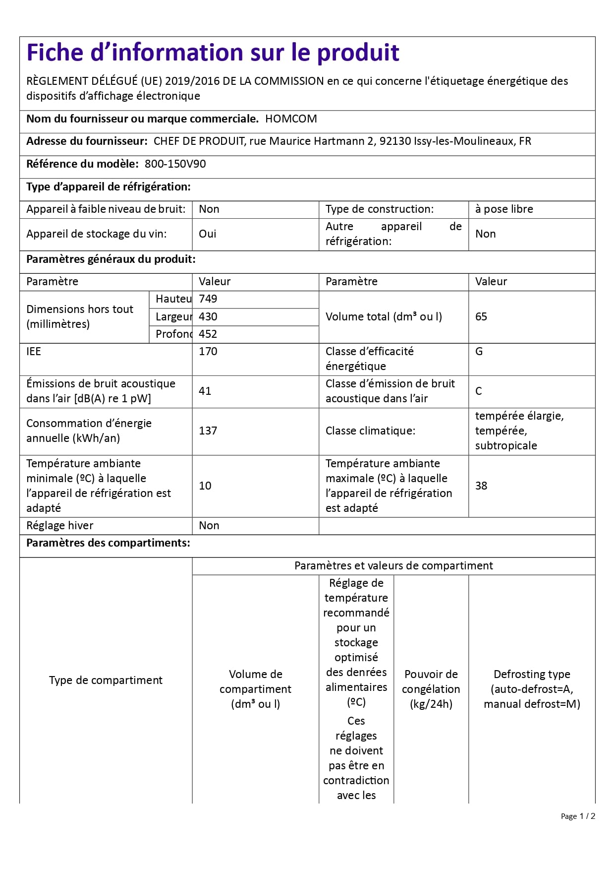 HOMCOM Cave à vin 24 bouteilles 65L, réfrigérateur à vin silencieux température réglable 5-20° LED noir