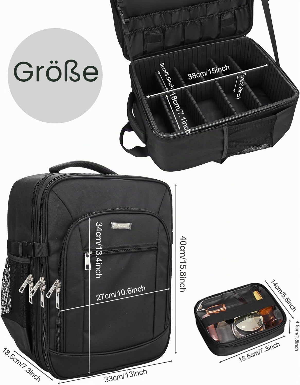 Relavel Kosmetik-Rucksack Profi Kosmetikkoffer Extra Groß Reise Kosmetik Tasche Aufbewahrungsorganizer Doppelschicht Große Kapazität mit 4 Innenfächern Schwarz