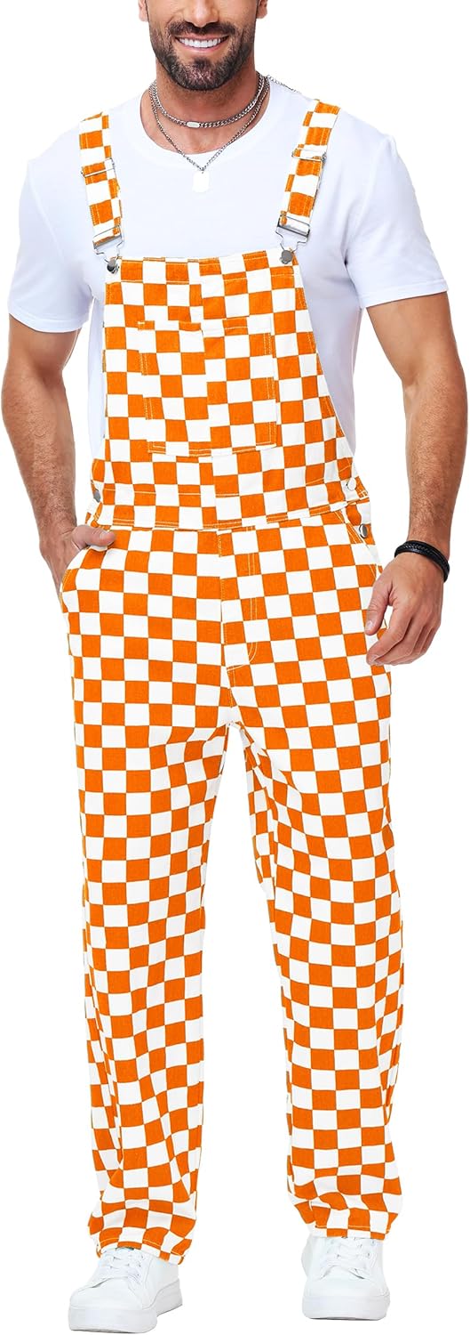 Mens Checkered Overalls Bib Coveralls Denim Straight Pants Cotton Casual Jean Jumpsuits