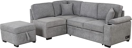 Miniatura 6 de Sofá cama seccional en forma de L, sofá esquinero, sofá cama extraíble 2 en 1 con otomana de almacenamiento, portavasos y carga USB para sala de