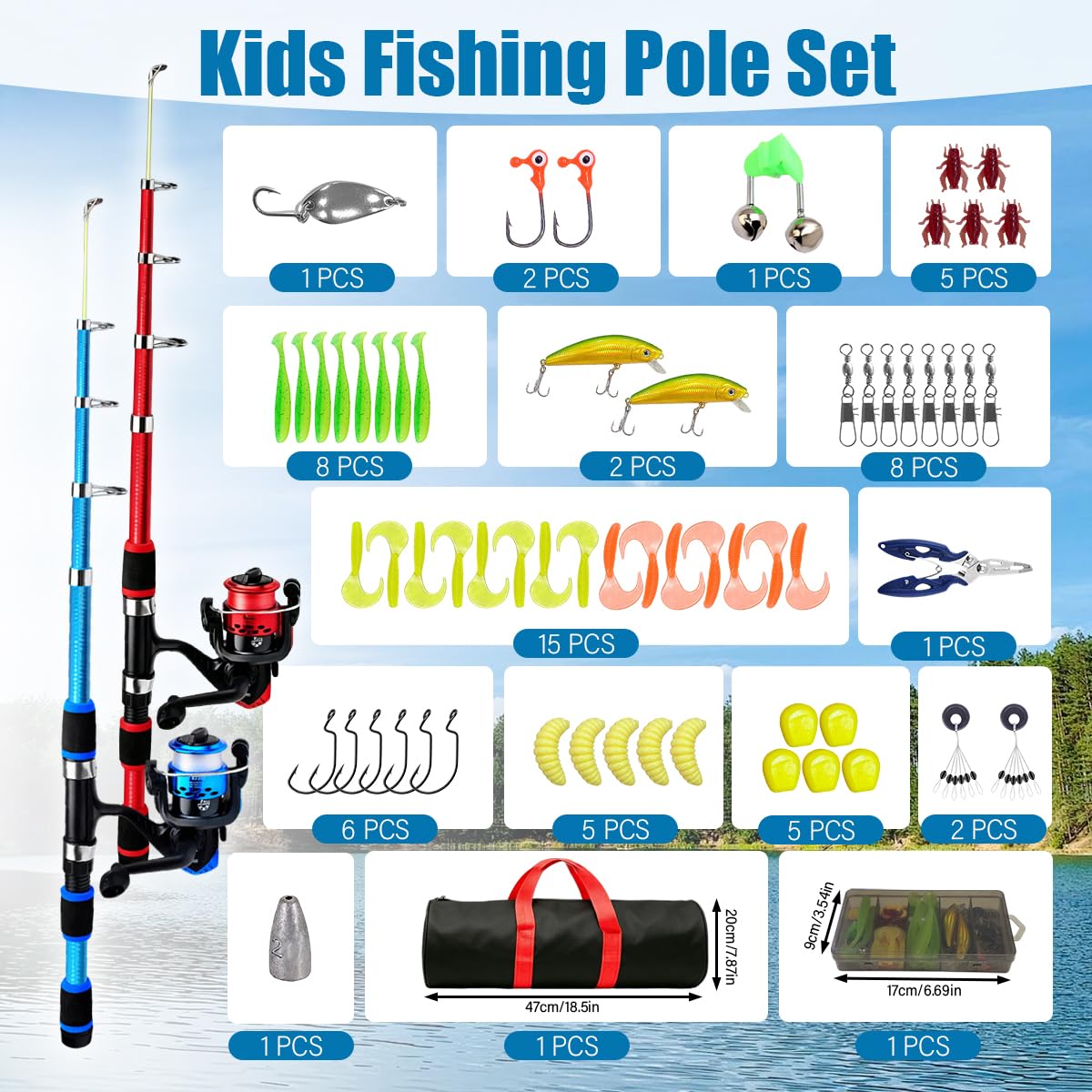 Angelset für Kinder, 2 Stück 1.8m Kinderangel Starter Set mit Angelrolle, Köder und Tragetasche Set, Kohlefaser Teleskop Angelruten und Rolle, Angel Zubehör für Kinder von Jungen Mädchen
