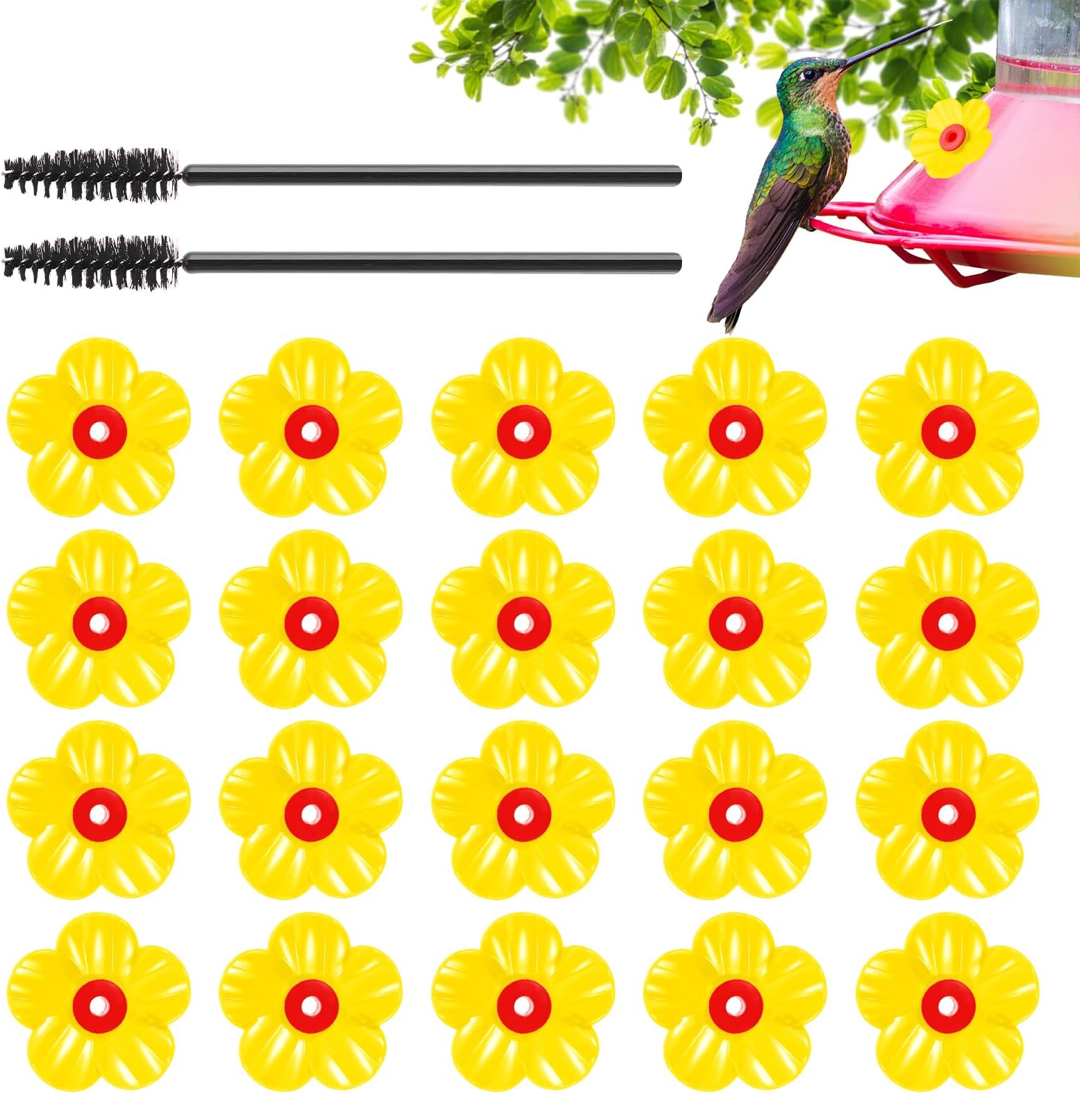 20PCS Yellow Hummingbird Feeders Replacement Flowers Pet Humming Bird Feeder Replacement Parts with 2 PCS Brush, Feeding Ports Bee Guards Accessories for Outdoors Hanging Feeder