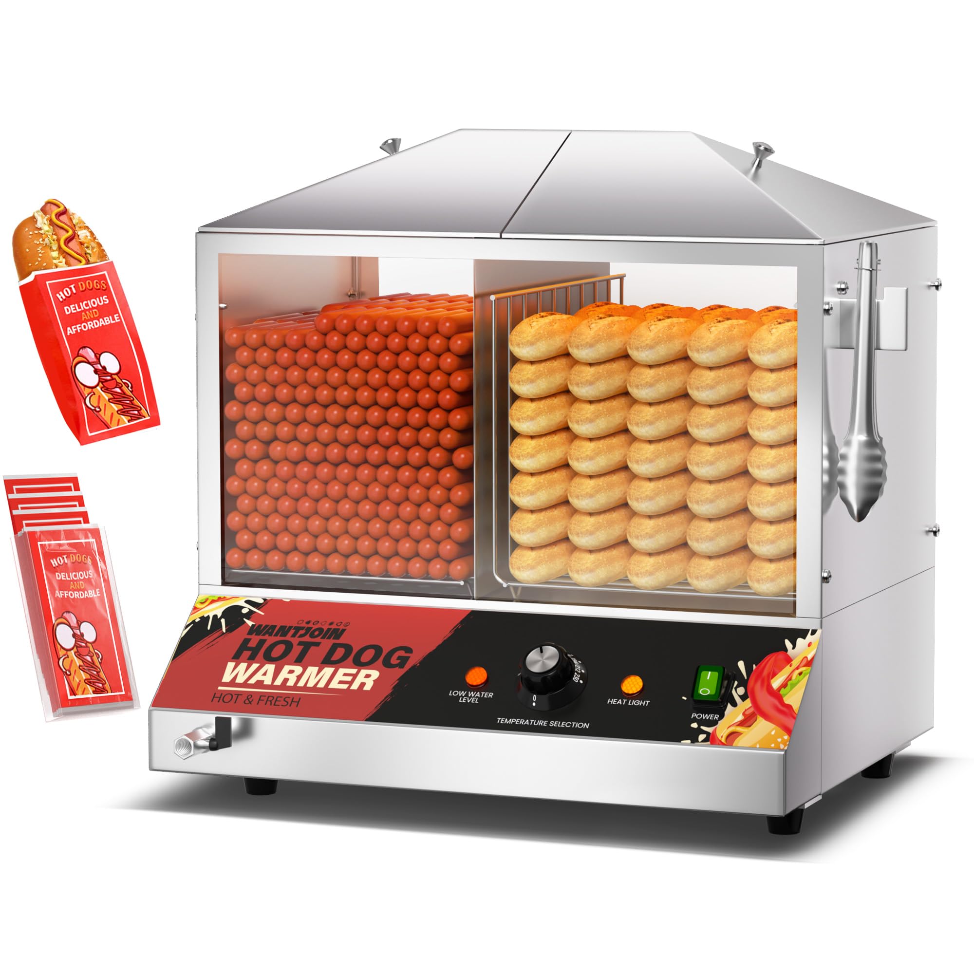WantJoin Commercial Hot Dog Steamer with hot dogs and buns inside