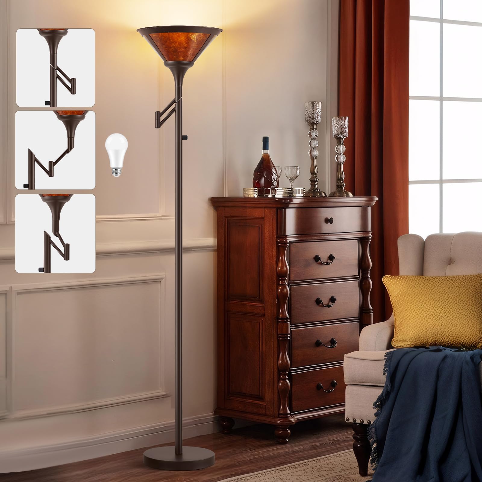 Floor Lamps for Living Room - 70" Brown Torchiere Standing Floor Lamp with Adjustable Swing Arm - Tall Corner Lamp Decor for Bedroom with Mica Shade LED Reading Light for Home Office