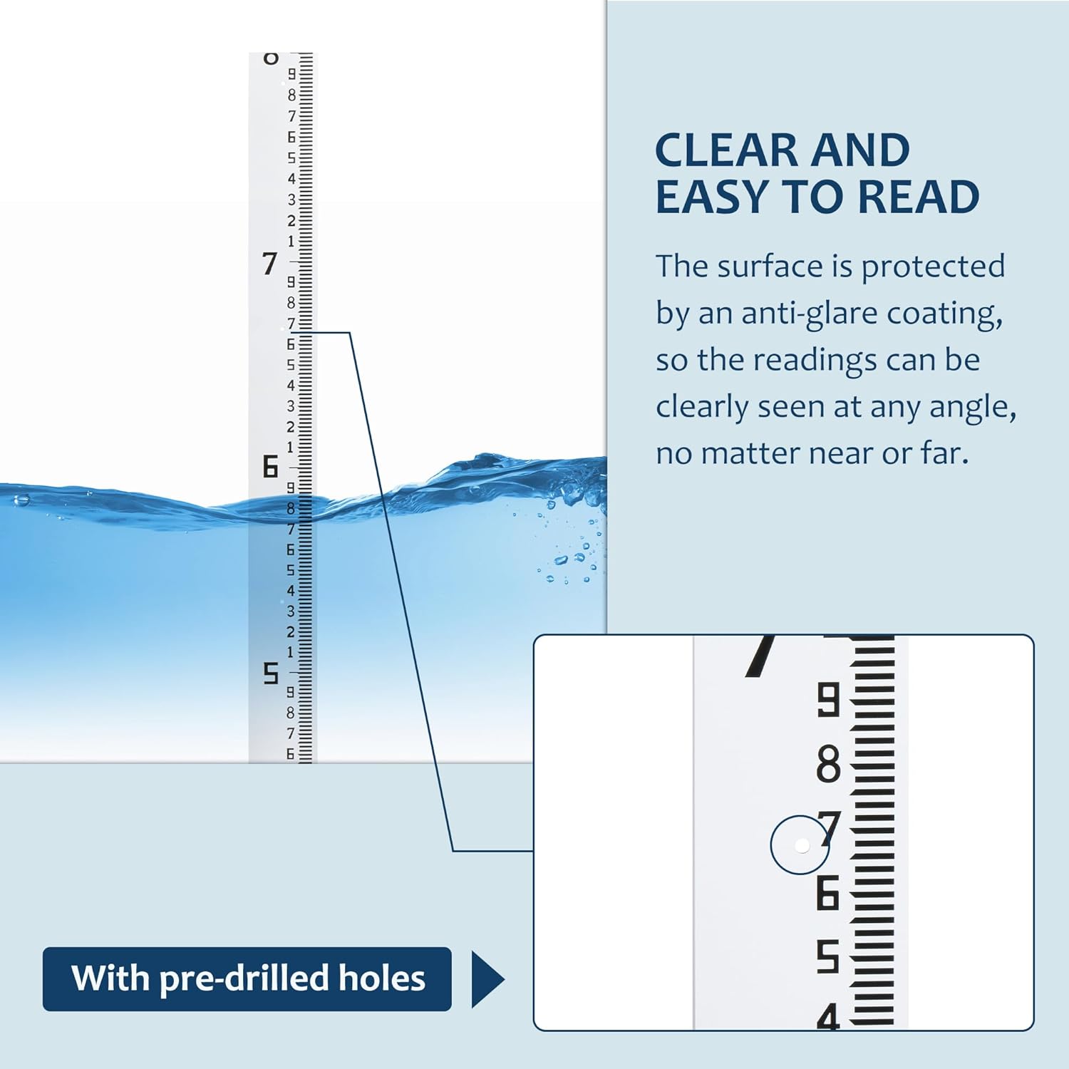 Depth Gauge, Water Level Gauge (Hundredths, Tenths, Teet), Heavy-Duty Ruler-Style Water Level Indicator, All-Weather Water Level Tool, Rust-Resistant, with Pre-Drilled Holes (4-8 Feet)