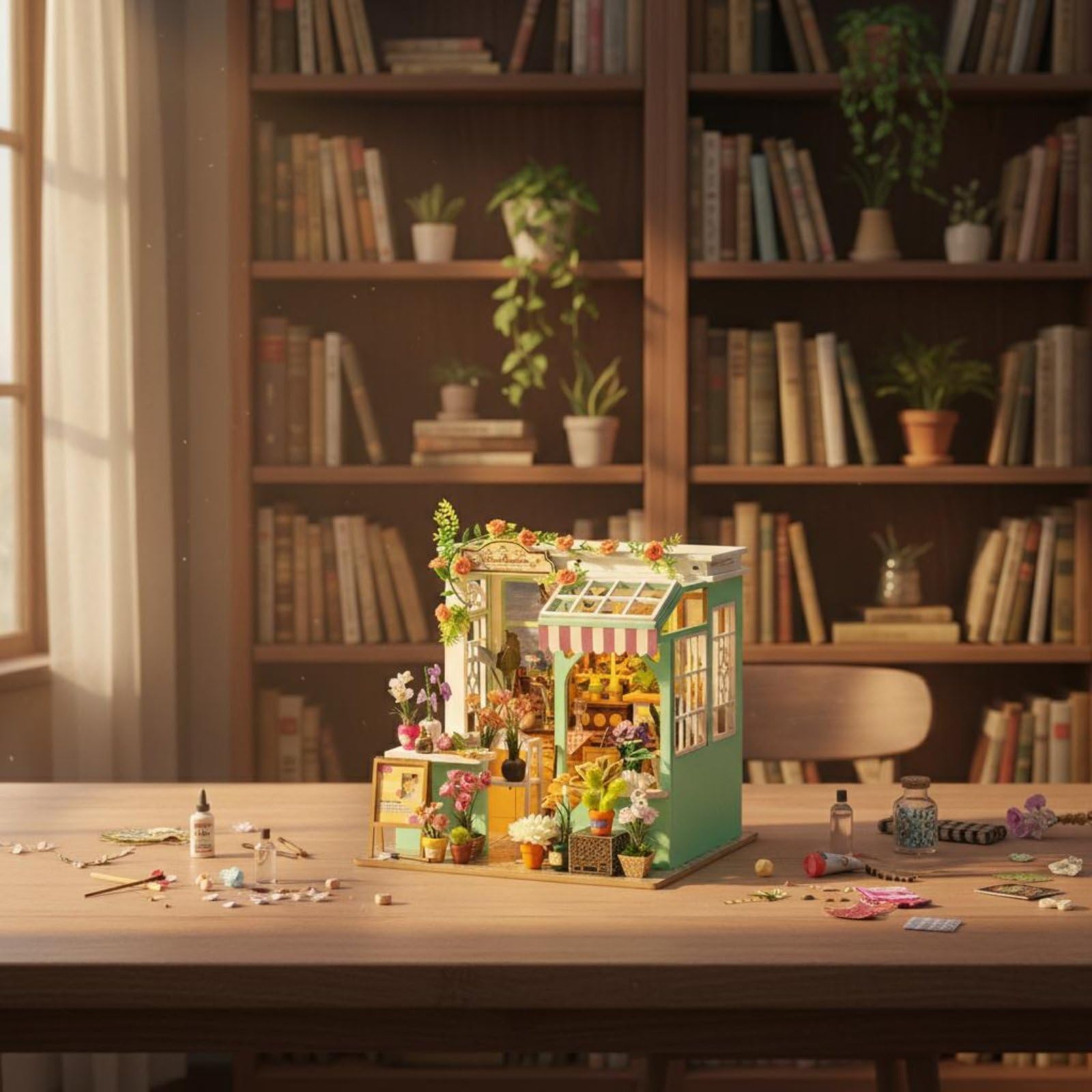 Figurine Casa in Miniatura Kit Modello Casa Bambole Boutique Fiori in Legno con Musica O Registrazioni da Smartphone Adatta a, Inglese