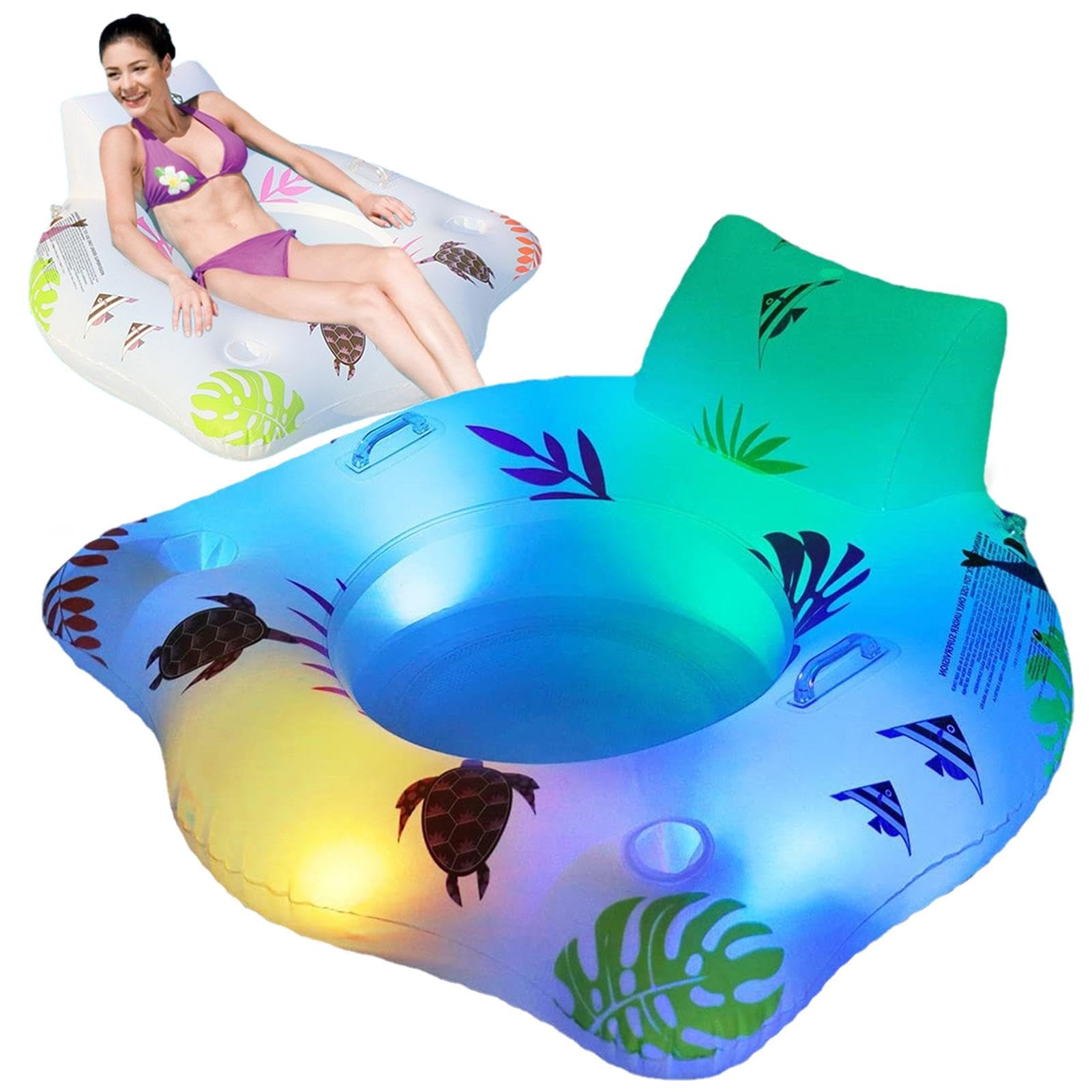 Bajbumgn Flotador Piscina Adulto con Luz Que Cambia de Color, Flotadores de Agua con Energía Solar con 2 Posavasos, Piscina Sofá Flotador para Adultos, divertida balsa inflable para verano para piscin