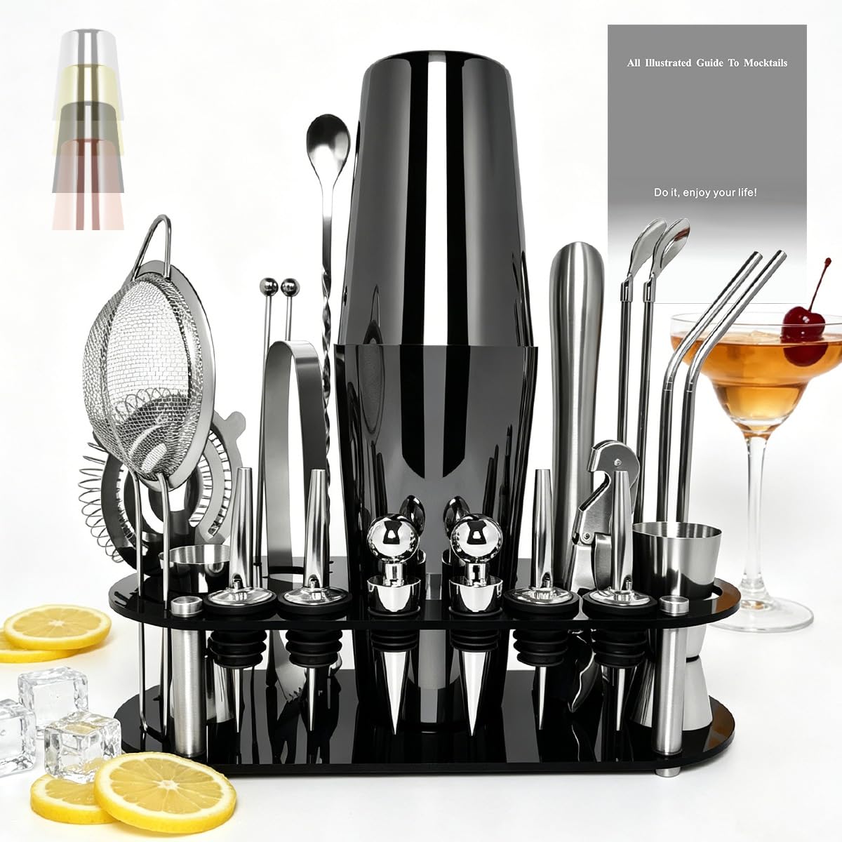 Juego de coctelera de 22 piezas, kit de camarero de 27/20 onzas, juegos de herramientas de bar de acero inoxidable para mezclar bebidas, coctelera Boston con soporte folleto de recetas (negro-27-20
