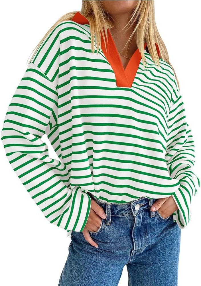 FMCHICO Womens Oversized Sweatshirt 2024 Striped Long Sleeve Casual V Neck Colorblock Pollover Tunic Tops