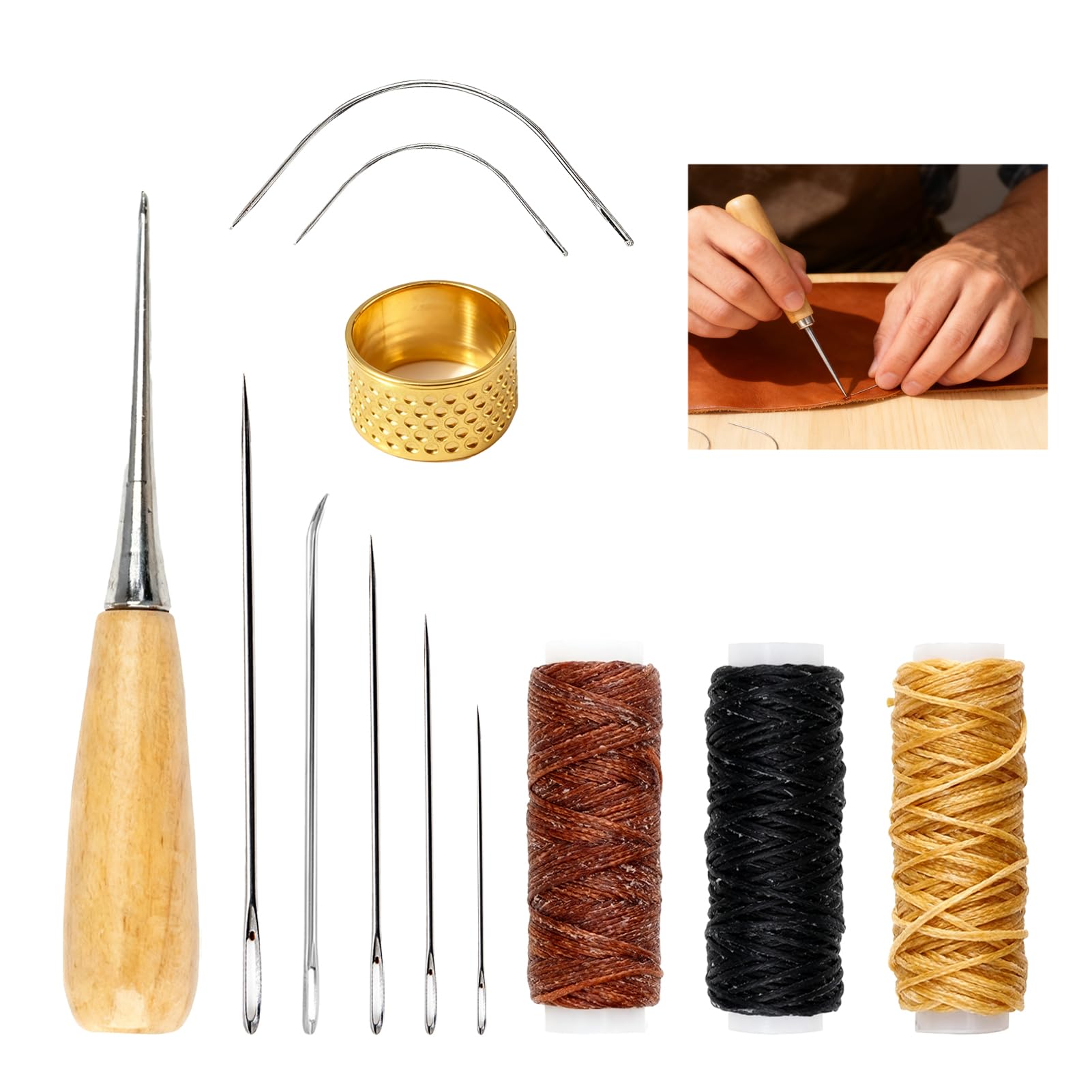 12 Pack Leather Needle and Thread, 30M Waxed Thread Kit, Leather Sewing Kit for Hand Sewing, Curved & Straight Needles, Kit with Awl, Thimble for DIY Crafts Upholstery and Fabric Sewing