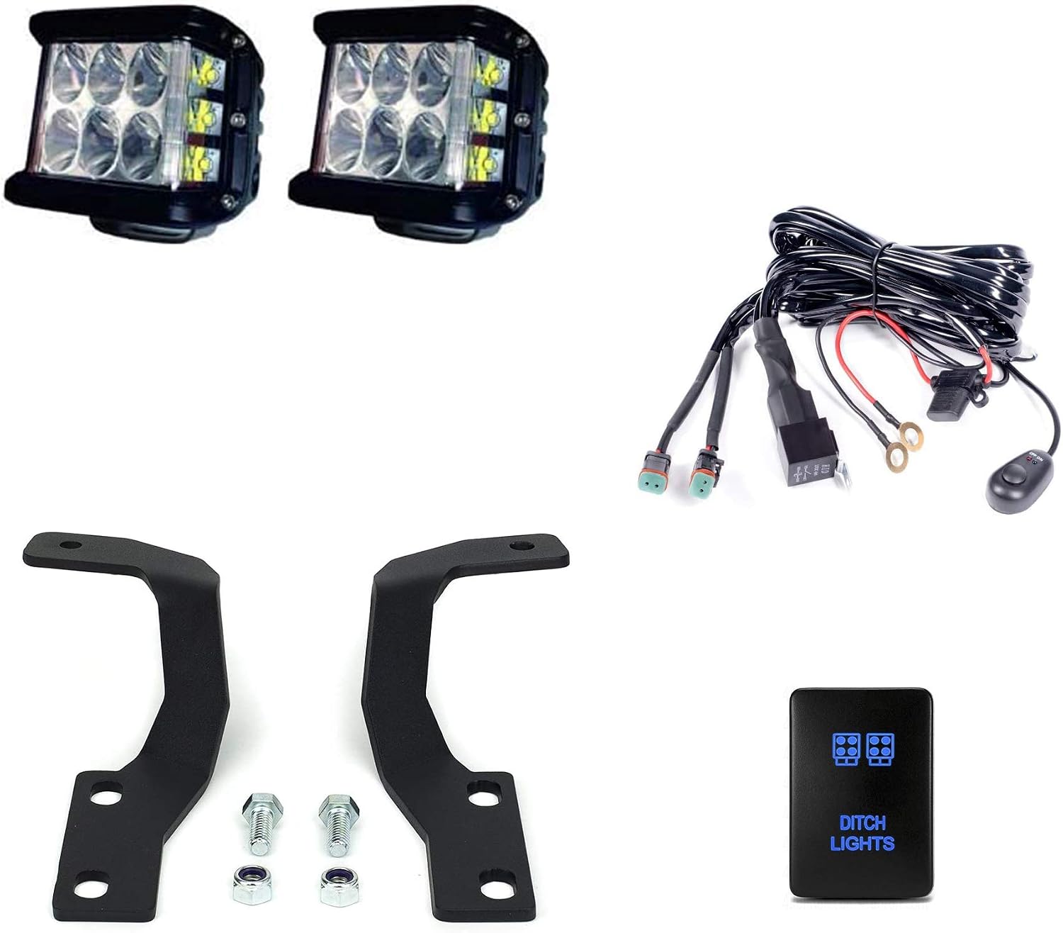 Cali Raised LED Low Profile Ditch Light Bracket Kit for Toyota 4Runner 2010-2024 - Includes LED Light Mounting Brackets, 27W Side Projecting LED Pods, Wiring Harness, Small Ditch Light Switch