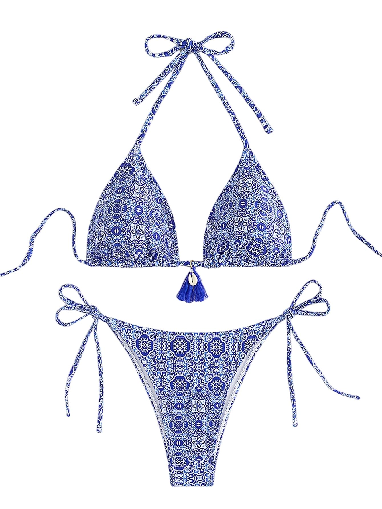 GORGLITTER Bikini da donna a triangolo a vita alta, con fiori, stile boho, in due pezzi, costume da bagno con decorazione