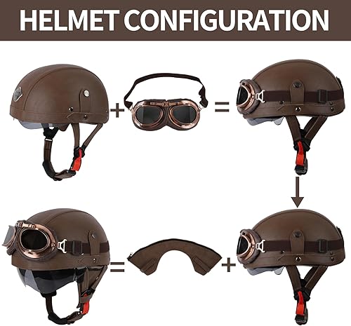 Miniatura 4 de Cascos de Motocicleta de Estilo Alemán, Medio Casco de Cuero Retro, Aprobado por el DOT, para Adultos, Hombres y Mujeres, Casco de Media Cara