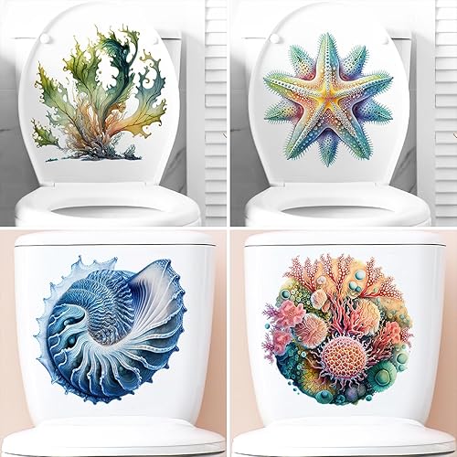4 calcomanías grandes de pared del océano, criaturas marinas, calcomanías para tapa de inodoro, calcomanías para despegar y pegar, cubierta de