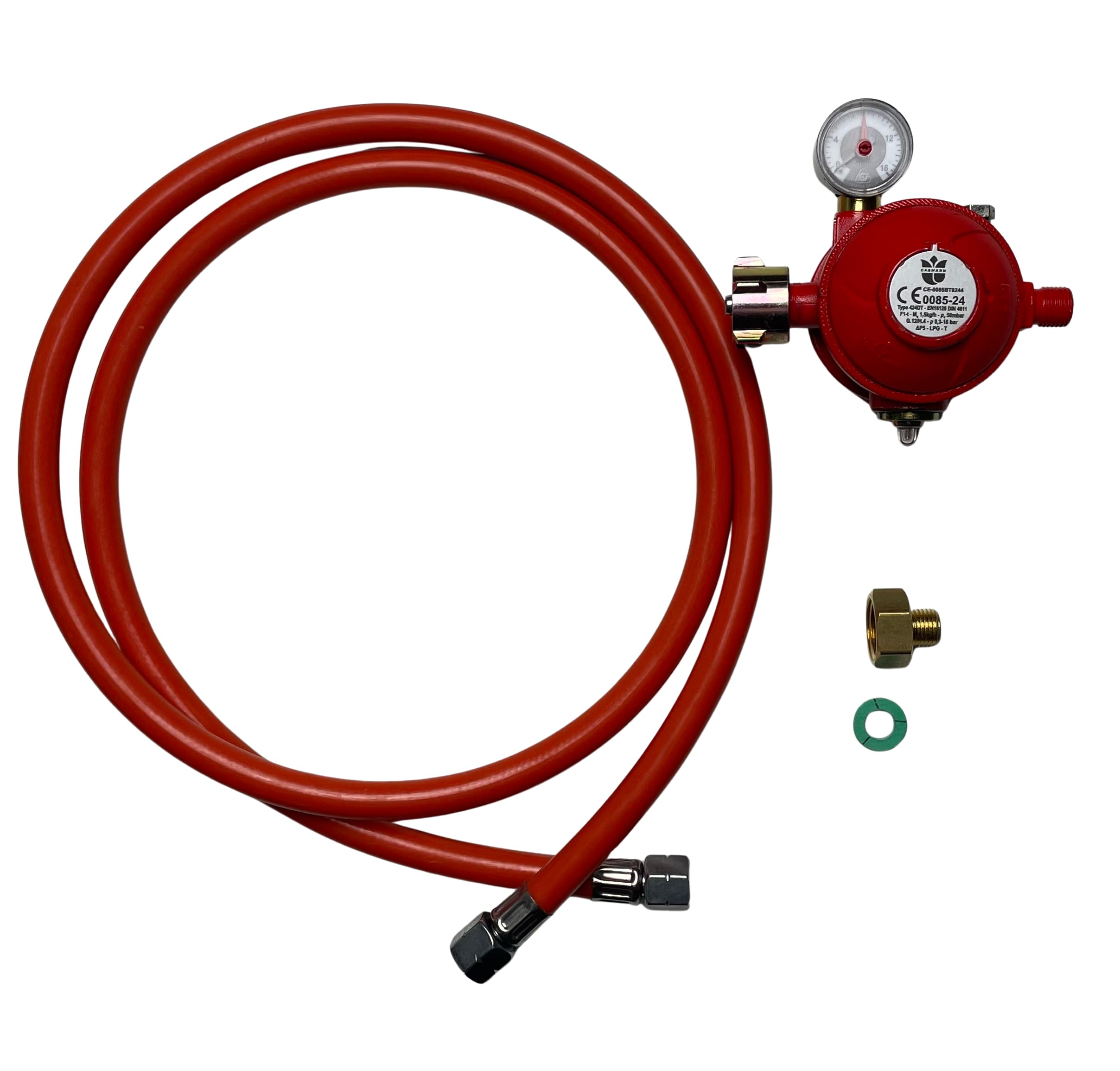 Gasline Gasanschluss Set für Innen und Aussen Bereich, Gasschlauch und Innen Bereich Druckminderer 150 cm/50 mbar + LPG Adapter, für LPG Gasstandherd, Gaskochfeld, Gasbackofen