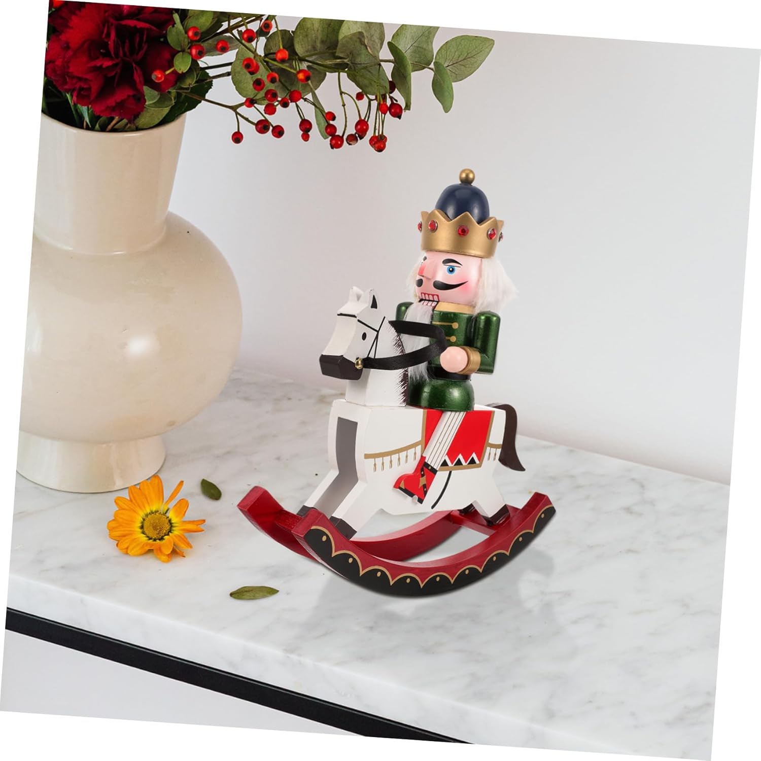 VOSAREA Wooden Nutcracker Soldier with Rocking Horse Traditional Xmas Nutcracker Decor for Home Office Car Stable Detailed Craftsmanship Christmas Ornament