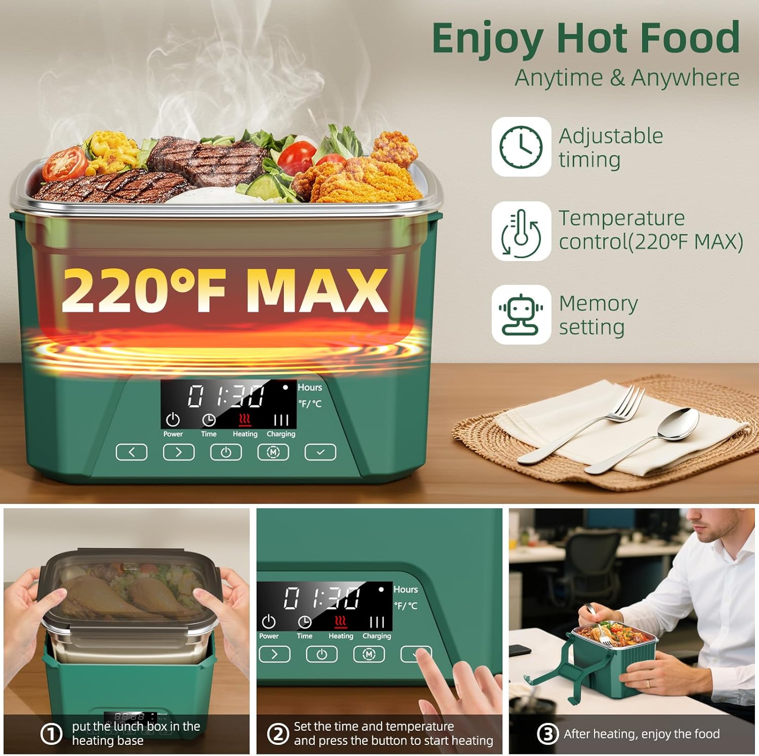 Cordless Electric Lunch Box for Adults, Heated Lunch Box 20000 mAh Battery Powered with Automatic Heating, 1.2L Portable Food Warmer, BPA Free - Image 3