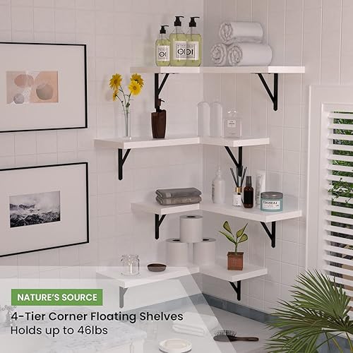 Vista 5 de NATURE'S SOURCE Corner Floating Shelves Set of 4, Corner Shelves Wall Mounted, for Bedroom Kitchen Living Room Bathroom Office- Modern