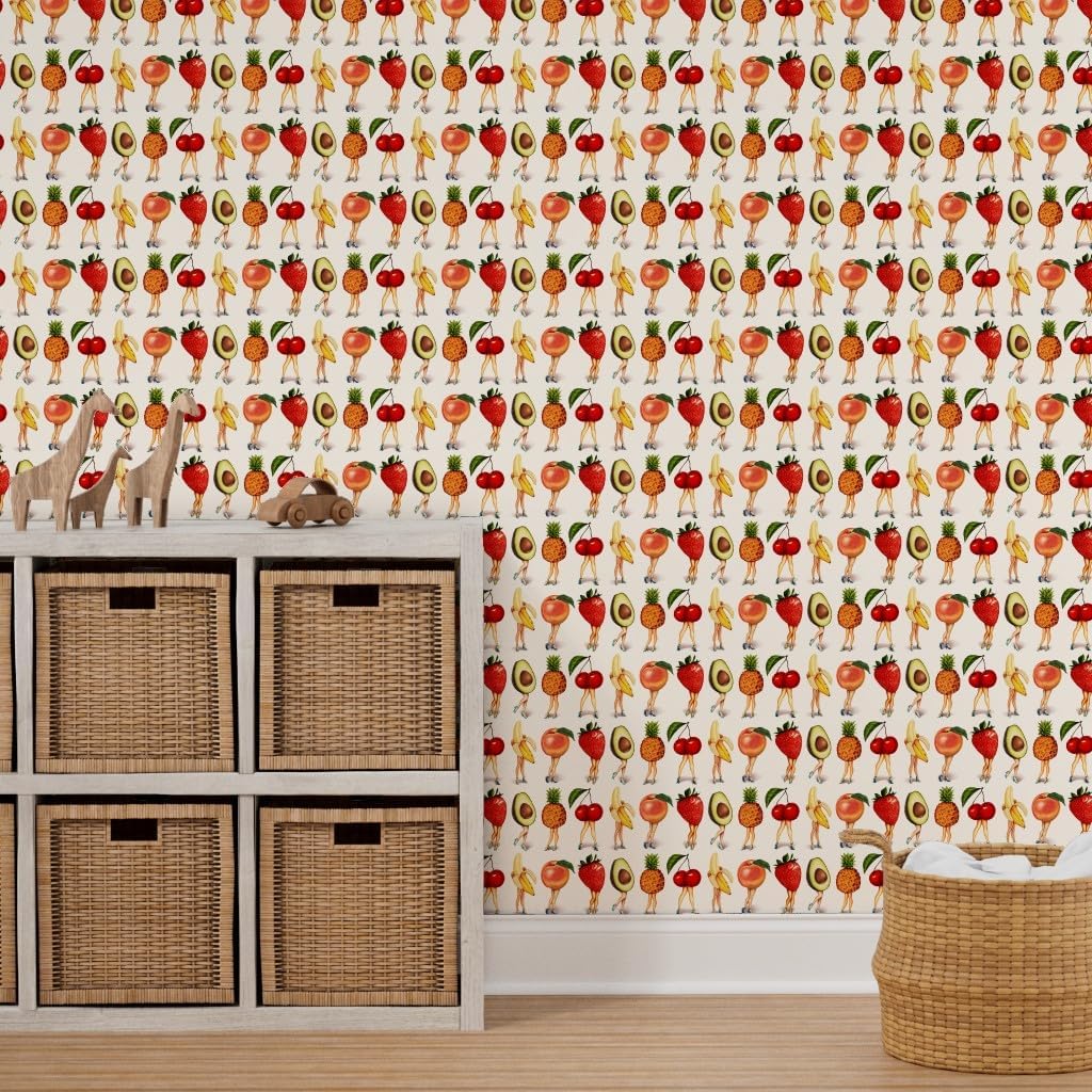 Peel & Stick Wallpaper 9ft x 2ft - Fruit Girls Banana Cherry Retro Custom Removable Wallpaper by Spoonflower