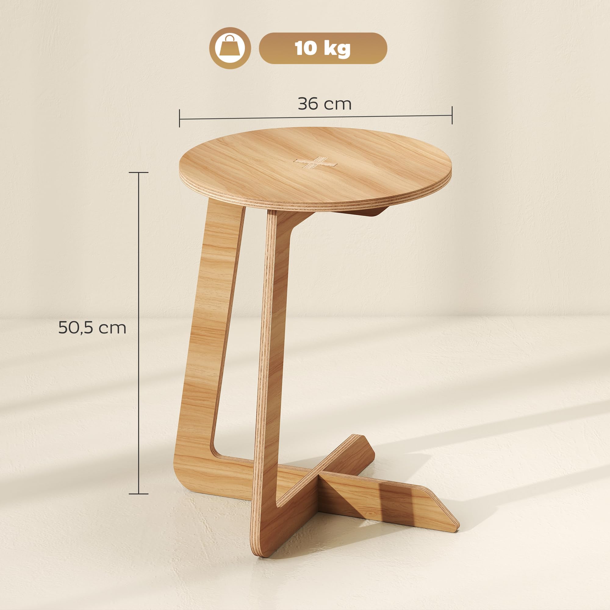 HOMCOM Mesa Auxiliar en Forma de C Montaje Rápido Salón Dormitorio Natural | Mesita Auxiliar Redonda, para Espacios Pequeños