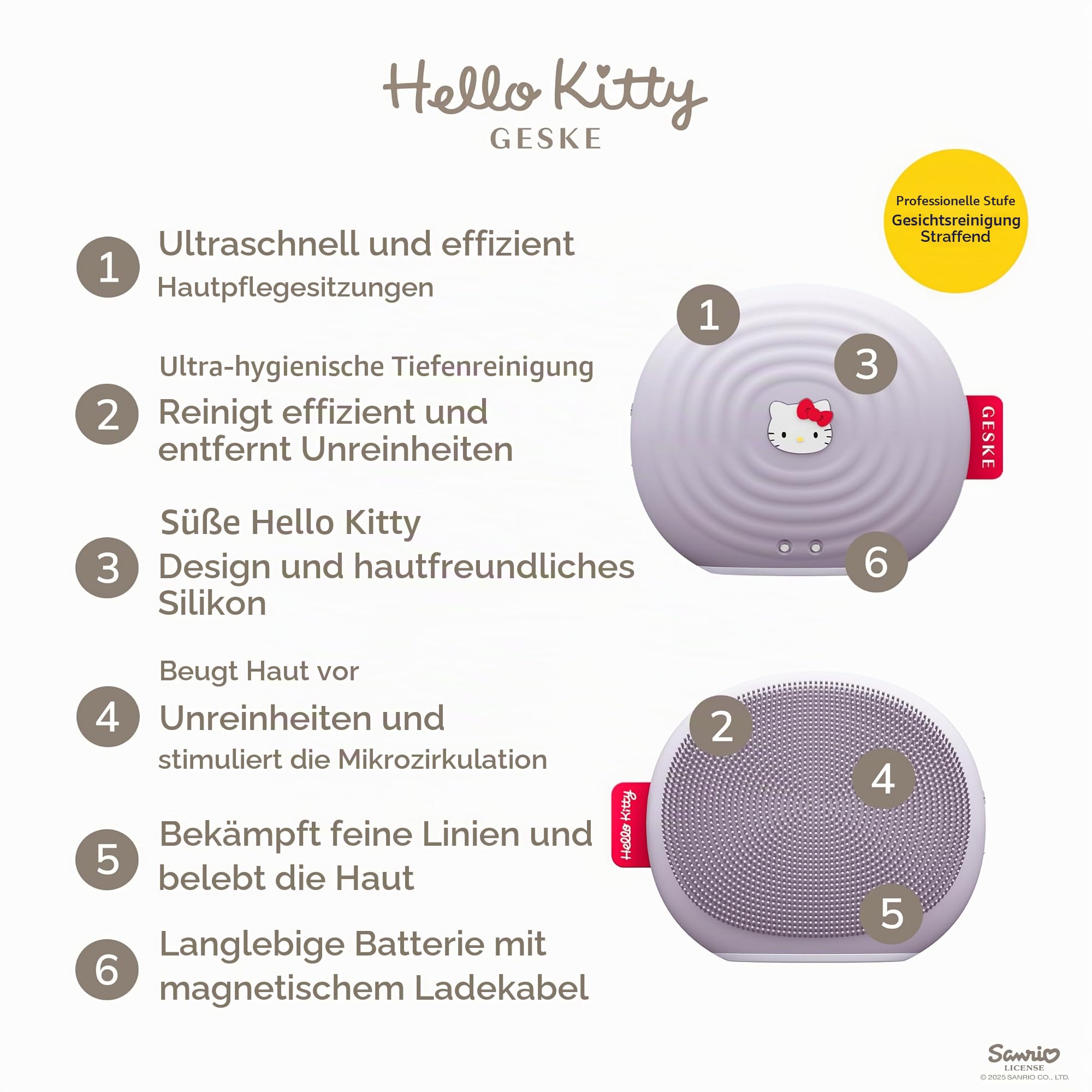 GESKE x Hello Kitty | SmartAppGuided™ Sonic Facial Brush | 4 in 1 | Elektrische Gesichtsreinigungsbürste | Reinigungsbürste | Gesichtsbürste | Hautreinigung | Skincare | sanfte Reinigung