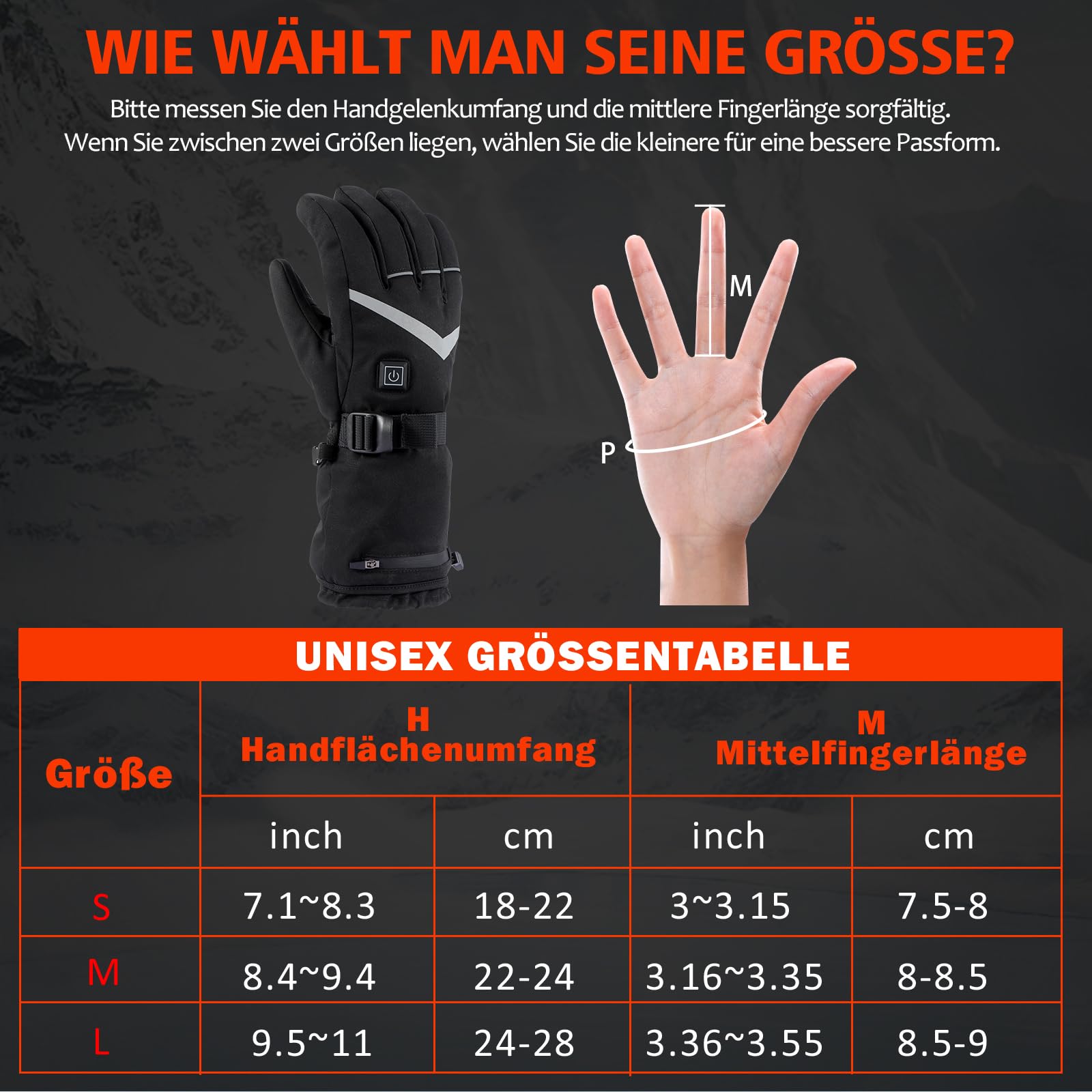 Beheizbare Handschuhe Herren Damen,Beheizte Handschuhe mit 5000mAh*2 7.4V Akku 4 Heizstufen, Wiederaufladbare Winter wasserdichte Handwärmer Handschuh Beheizbar für Wintersport, Skifahren