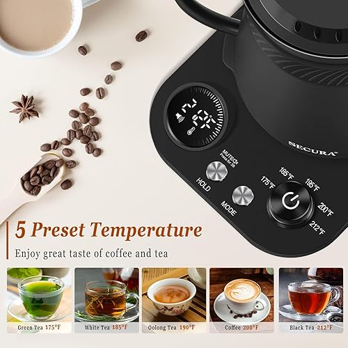 Miniatura 7 de Secura Hervidor eléctrico de cuello de cisne, 5 ajustes preestablecidos variables para café y té, tetera interior de acero 100% inoxidable con 1.5