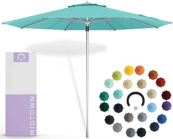 Midtown Umbrellas Push & Pop 8 Ft Patio Umbrellas with Push & Pop Mechanism, 8 Fiberglass Ribs & Sunbrella Fabric Outdoor Umbrella for Deck, Pool, Cafes and Hotels Aruba Canopy, Silver Pole