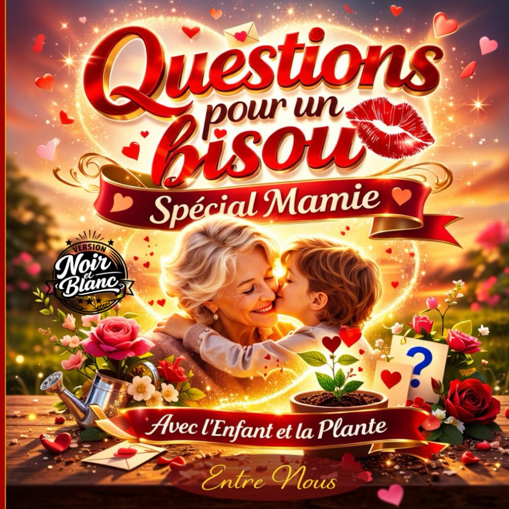 Questions pour un Bisou - Spécial Mamie, l'Enfant et la Plante: Livre-jeu à remplir : 200 questions, activités & défis pour cadeau Grand-mère et Enfants 6 à 12 ans - Version Noir et Blanc
