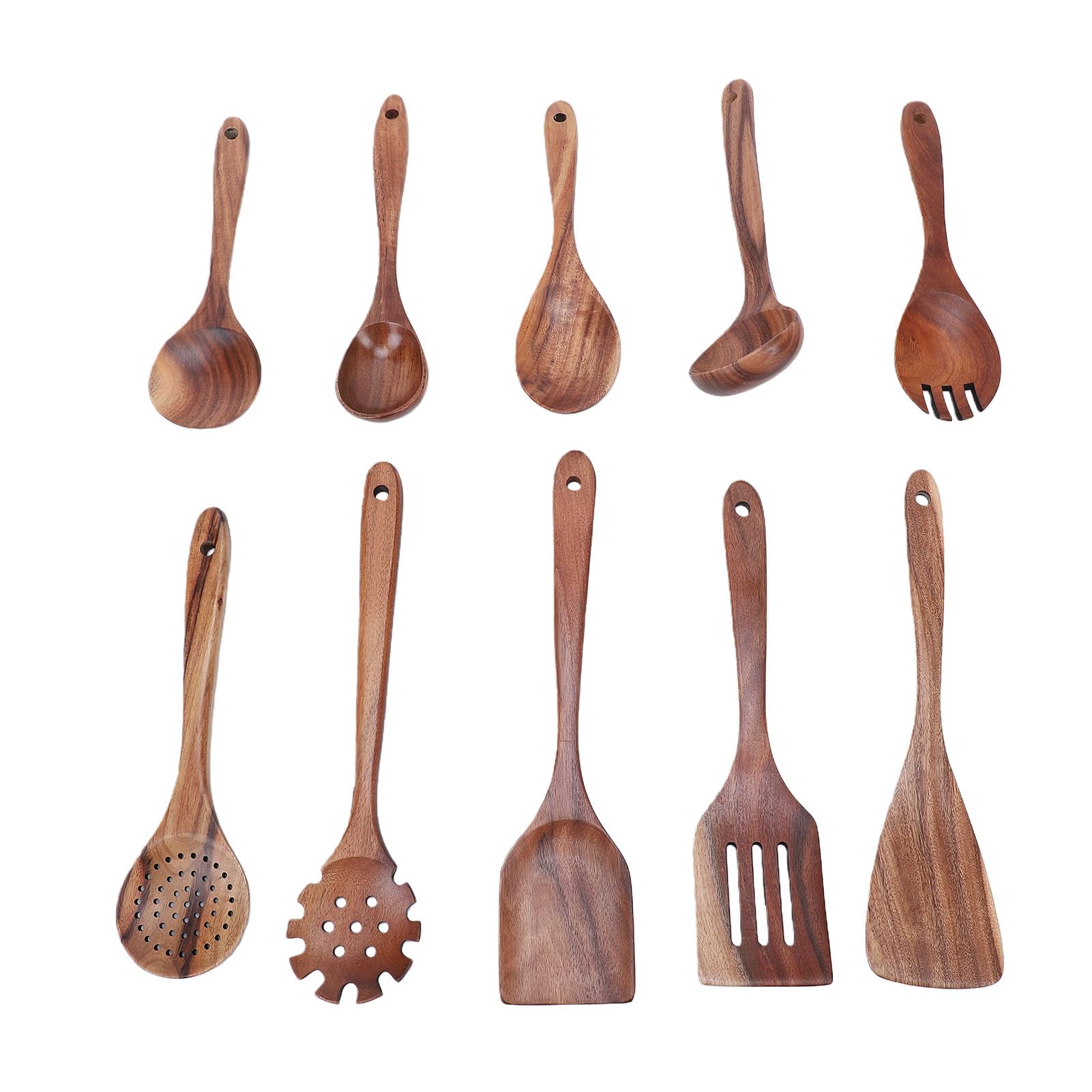Fdit Juego de Utensilios de Madera de Teca para Cocinar, Espátulas, Cucharas y Utensilios de Cocina de Madera con Mangos Ergonómicos, Fácil de Limpiar para Uso Diario