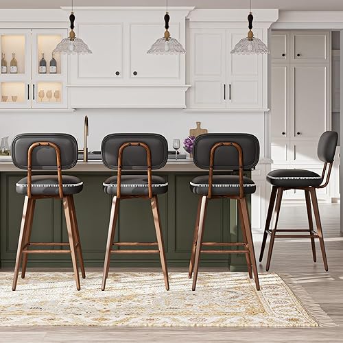 Swivel Bar Stools Set of 4, Mid Century PU Leather Counter Height Bar Chairs with Low Back and Metal Legs, Modern Bar Stool Chair for Kitchen Island, Black