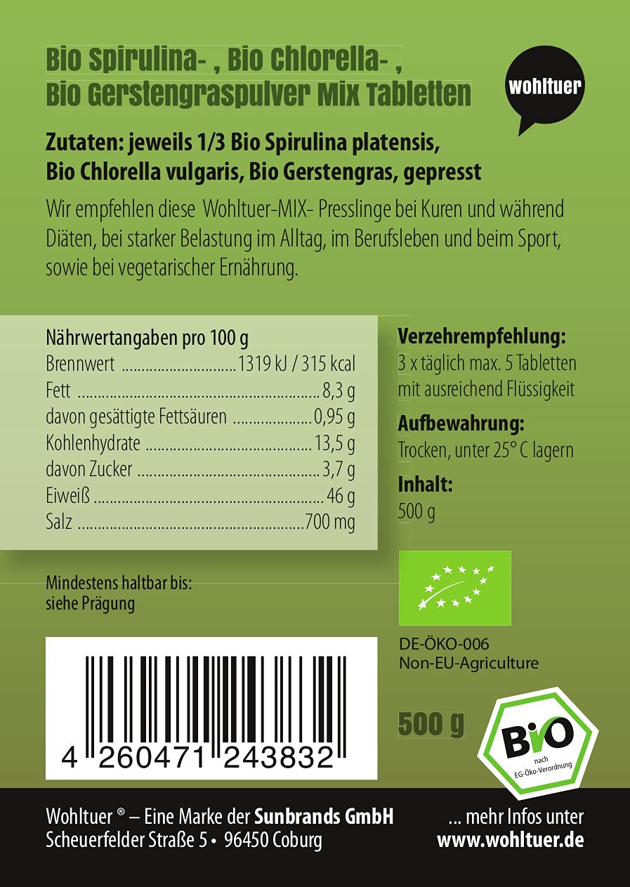 Bio Spirulina + Chlorella + Gerstengras - Mix 500g - Bio Algen Superfood Mix Tabletten in Rohkostqualität