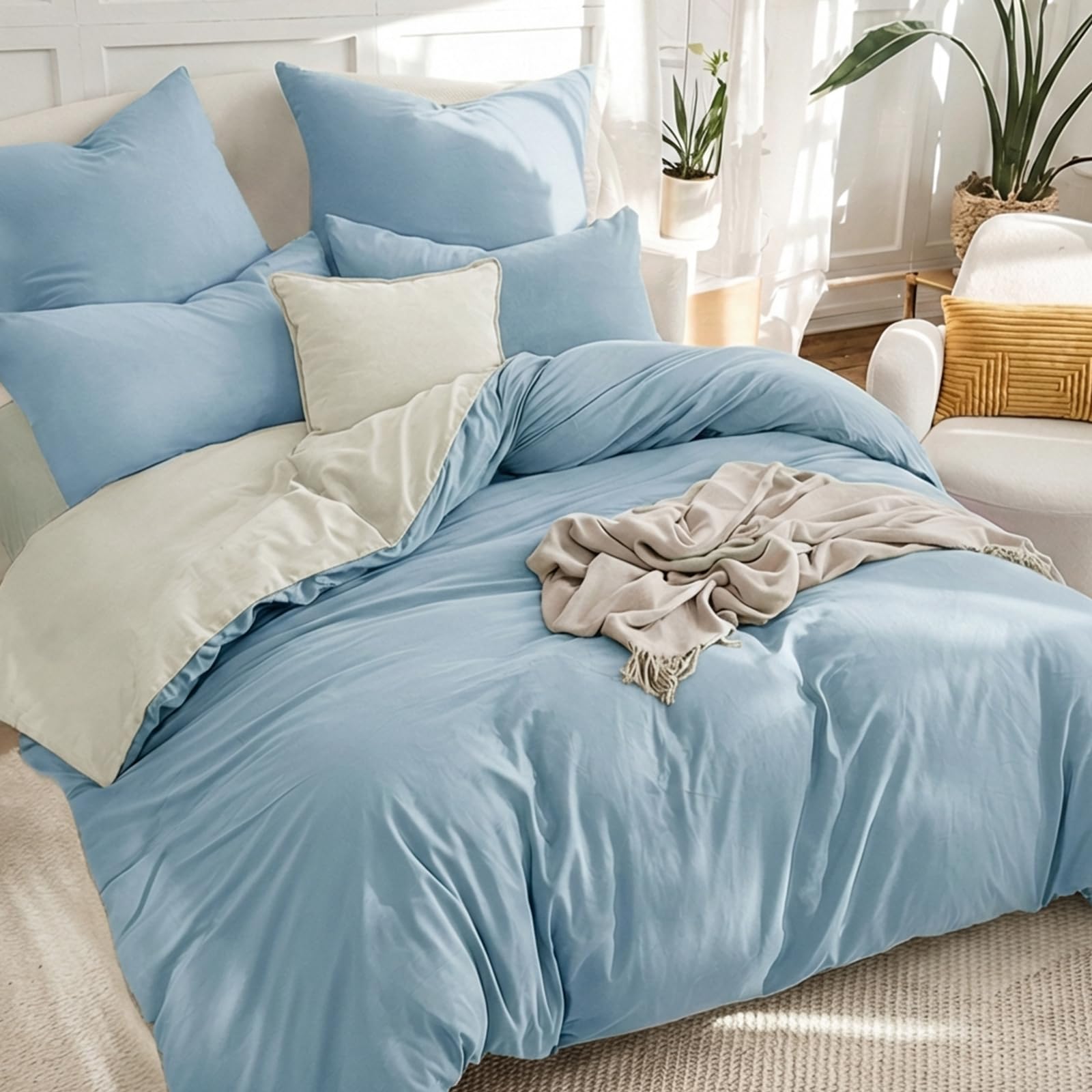 RUIKASI Blue King Size Duvet Cover Sets Beige - Reversible Baby Blue Duvet Cover Kingsize Bedding Set with Zip, Soft Brushed Microfibre King Bed Duvet Set Quilt Cover with 2 Pillowcases