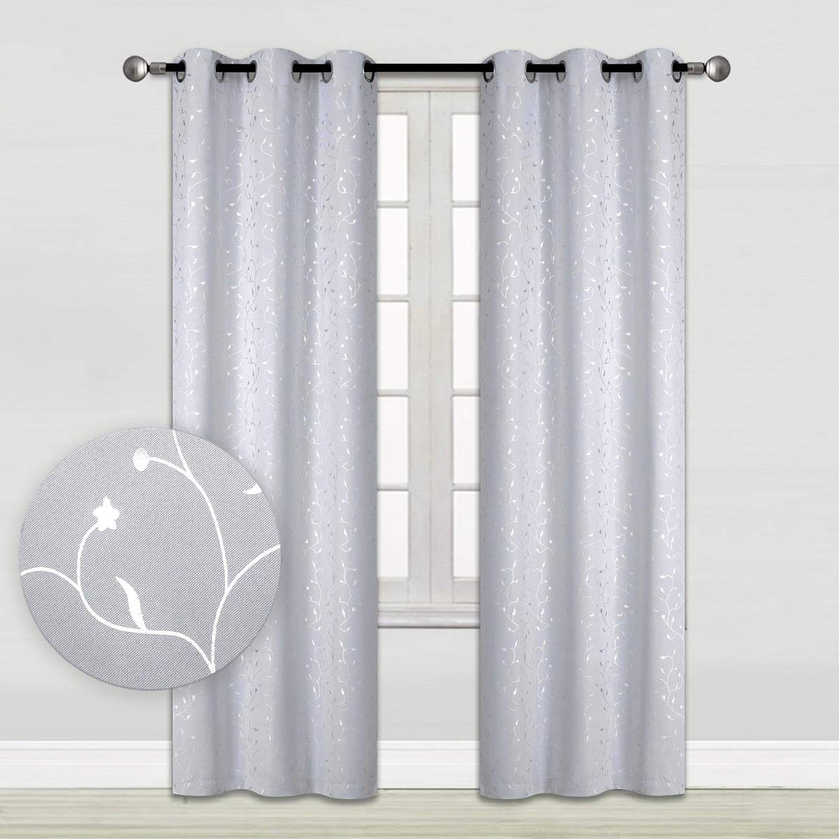 Silver Vine Blackout Window Curtains 2-Panel Pair Set Room Darkening Thermal Insulating Embossed Metallic Drapes, 52-in. x 84-in.