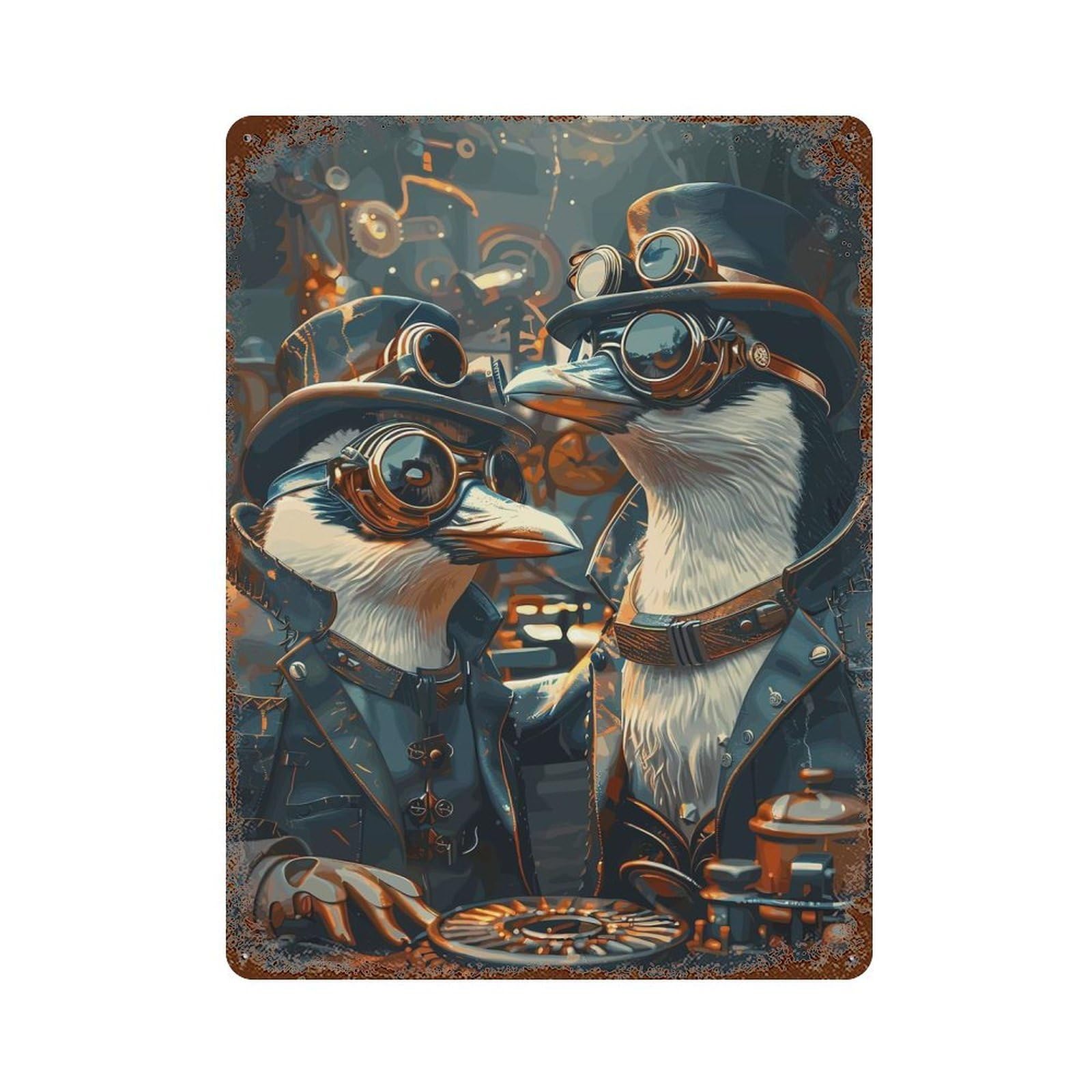 Animal Steampunk Penguin Vintage Rust Metal Sign 15.7"x11.8", Shabby Chic Decor for Garage, Pub Or Kitchen
