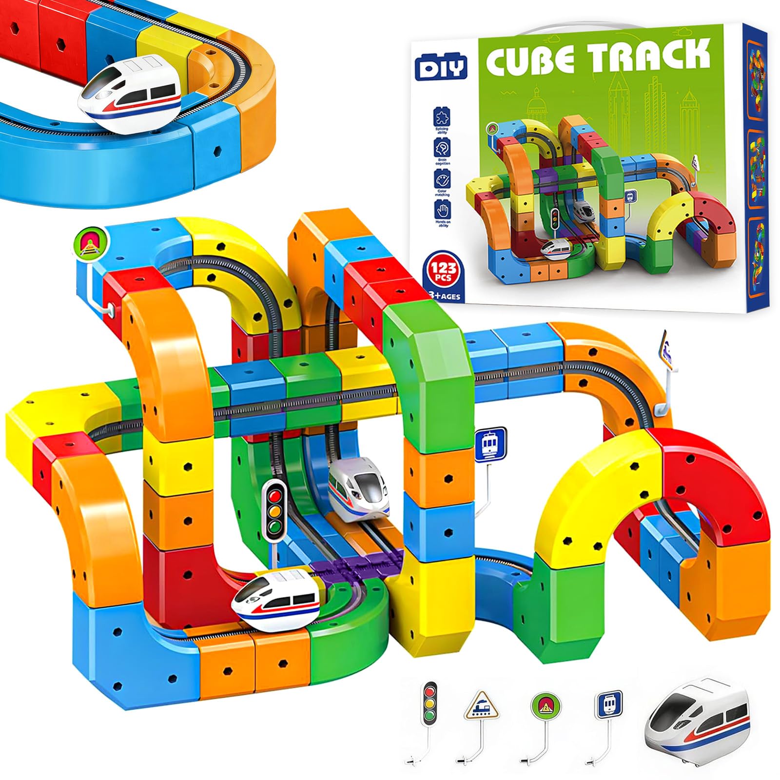 123PCS Electric Train Set,Magic Rail Cube Train Set,DIY Cube Track Building Set,Gravity-Defying 3D Embedded Layouts & Motorized Car,Rail Cube Building Toy,Festival or Birthday Gifts for Boys Girls