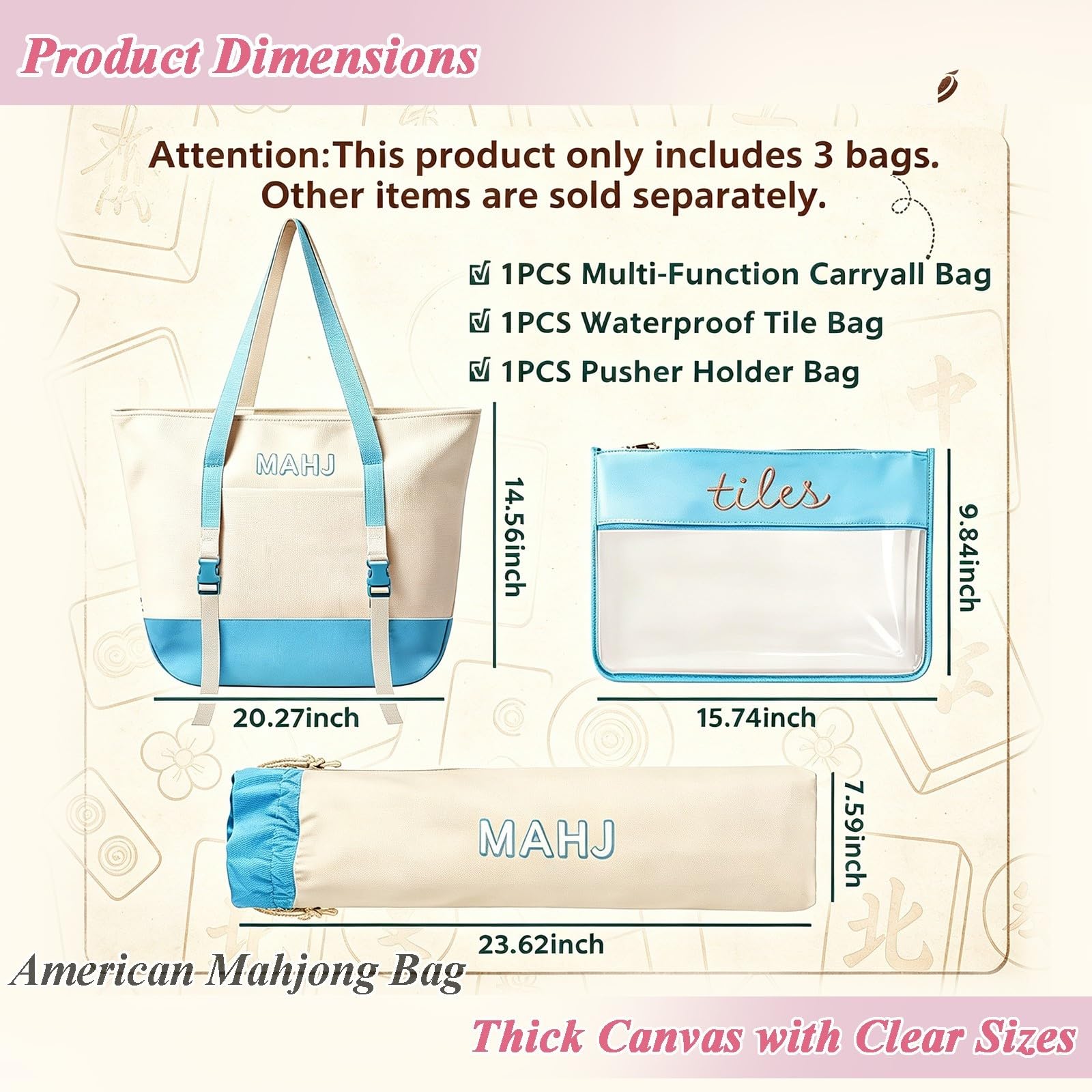 3 Stk Mahjong Tasche Set Canvas Tragetasche Spielsteine Matte