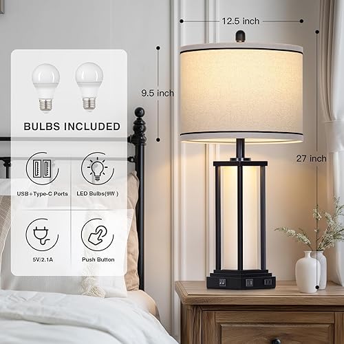 Miniatura 2 de 27in Tall Farmhouse Table Lamp with USB C+A & Outlet,Black Industrial End Table Lamp for Living Room,Vintage Rustic Bedside Lamp with Night Light