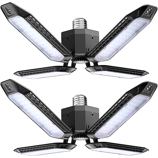 LED Garage Light,2 Pack 80w 12000LM Deformable Shop Ceiling Lights , 4 Adjustable Panels with 6500K,fit E26/E27 Socket, Screw in LED Garage Lighting Fixture for Basement,Workshop