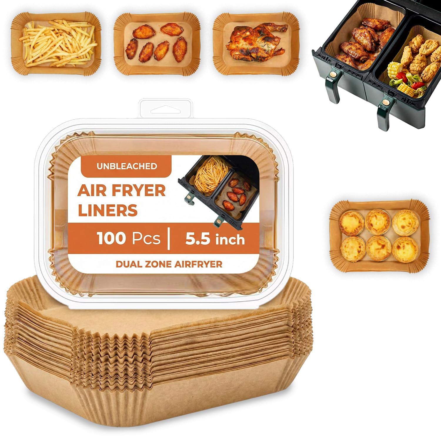 Roe Tenpo Air Fryer Liners, 100Pcs Disposable Baking Parchment Paper, Non-Stick & Greaseproof, Air Fryer Accessories for Ninja AF300UK AF400UK, Salter, Tower and Other Dual Zone Air Fryer