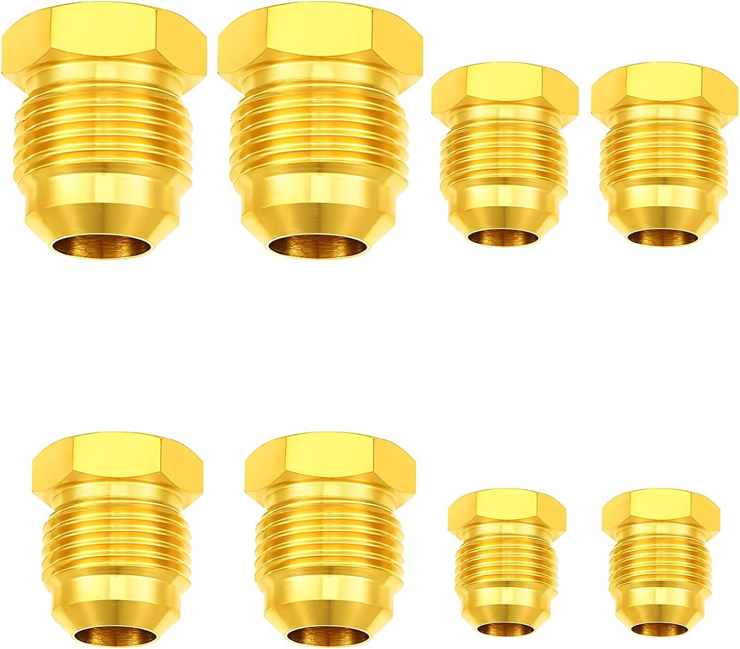 Brass SAE 45° Flare Plug Assortment Kit, 8Pcs (1/4", 5/16", 3/8", 1/2") Flare Fitting Plugs, Solid Brass Tube Fitting Caps for HVAC, Refrigeration, Gas Line Sealing (2-Set Plug)