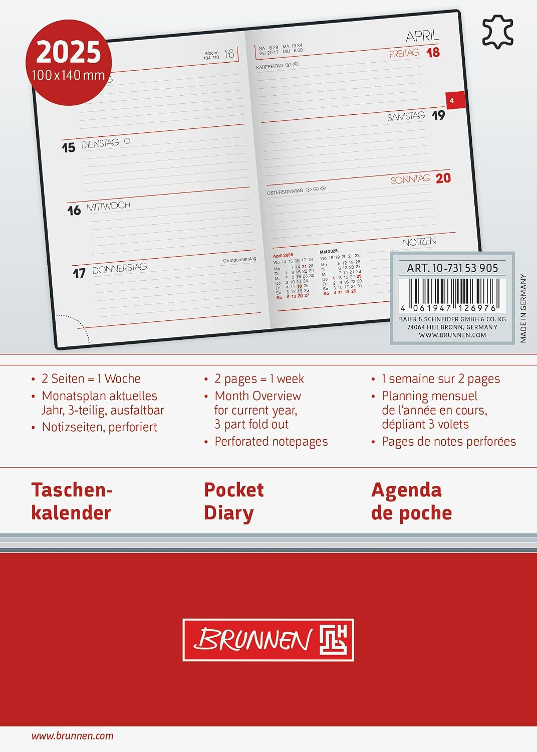 BRUNNEN Pocket Diary Model 731 (2025), 2 Pages = 1 Week, A6, 176 Pages, Leather Cover, Black
