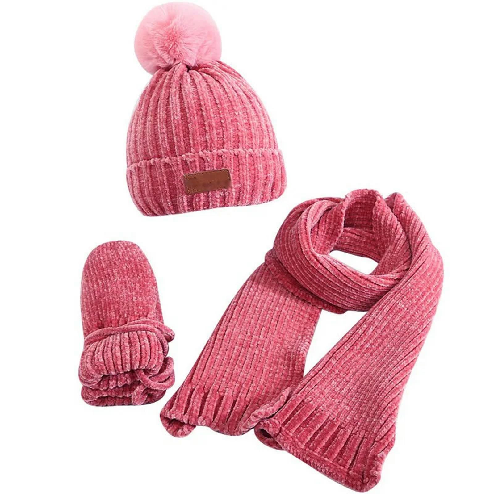 Zonto Wintermütze Schal Handschuh-Sets 3-Teilige Set Von Winter Kinderhutschalhandschuhe Für Kinder Jungen Mädchen Warm Pom Pom Hut Halsschal-Beige-3-36 M Eine Größe
