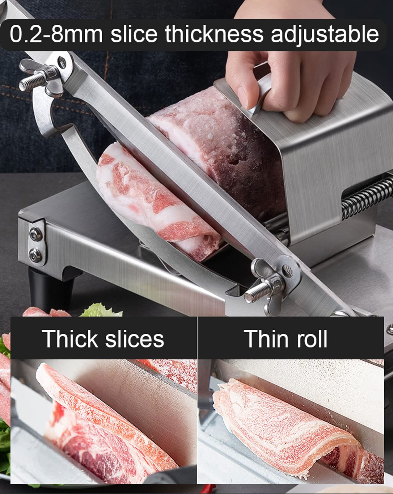 Affettatrice Manuale Salumi per Verdure Manzo e Montone Macchina in Acciaio Inox da Taglio Carne Congelata Spessore della Fetta Regolabile da 0.2-8mm, Nessuna Ruggine, Facile da Pulire