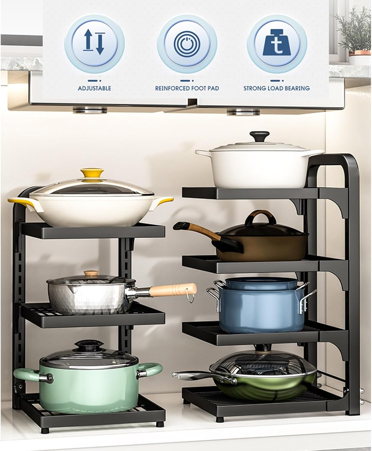 Pot and Pan Organizer Rack, Adjustable Cookware Stand Inside Cabinet, Heavy Duty Corner Pot Rack for Cast Iron Cookware, Carbon Steel Skillet Rack(Black 3) (Black 4)