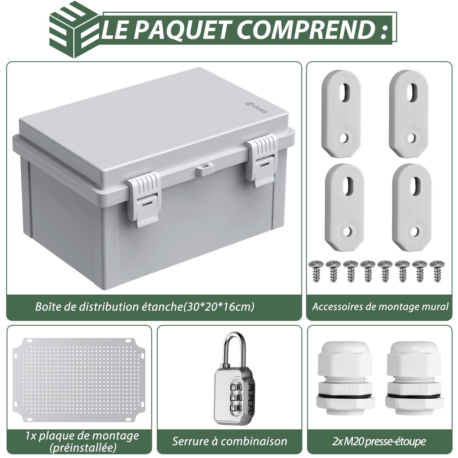 EYPINS Boîte de distribution étanche IP67, boîte de jonction étanche en plastique ABS - Boîtier extérieur - Boîte électrique avec accessoires de montage - 30 x 20 x 16 cm - Armoire électrique grise